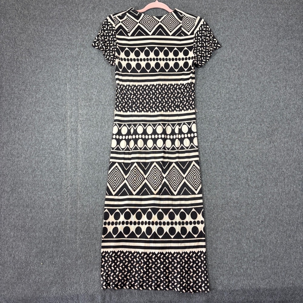 Vintage 60s Geometric Tribal Print Short Sleeve Midi Dress Black Cream Size 4